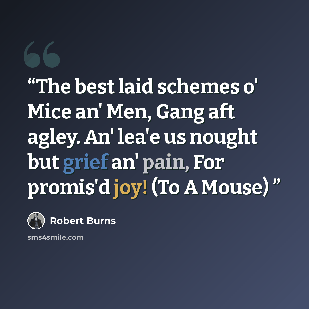 “The best laid schemes o' Mice an' Men, Gang aft agley. An' lea'e us nought but grief an' pain, For promis'd joy! (To A Mouse)” quote by Robert Burns