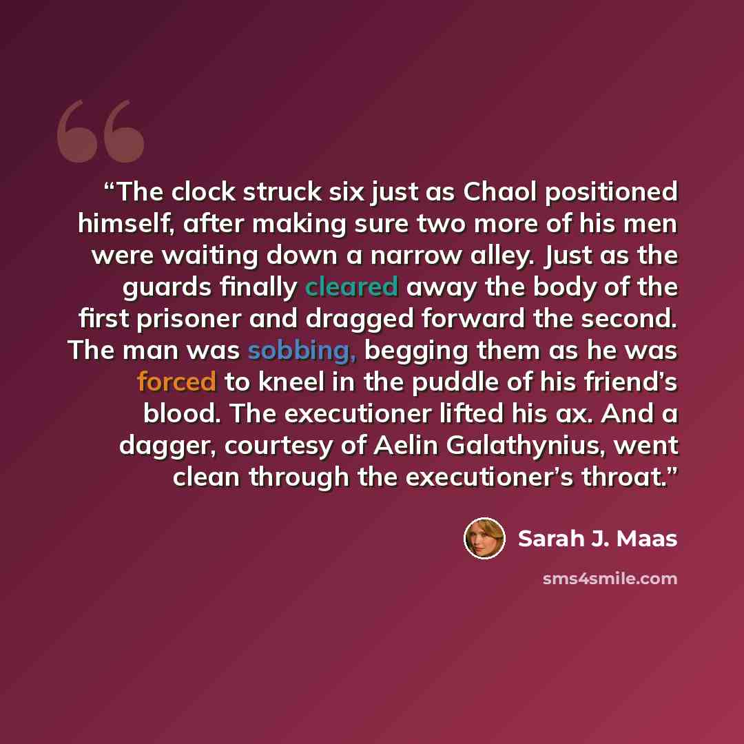 “The clock struck six just as Chaol positioned himself, after making sure two more of his men were waiting down a narrow alley. Just as the guards finally cleared away the body of the first prisoner and dragged forward the second. The man was sobbing, begging them as he was forced to kneel in the…” quote by Sarah J. Maas