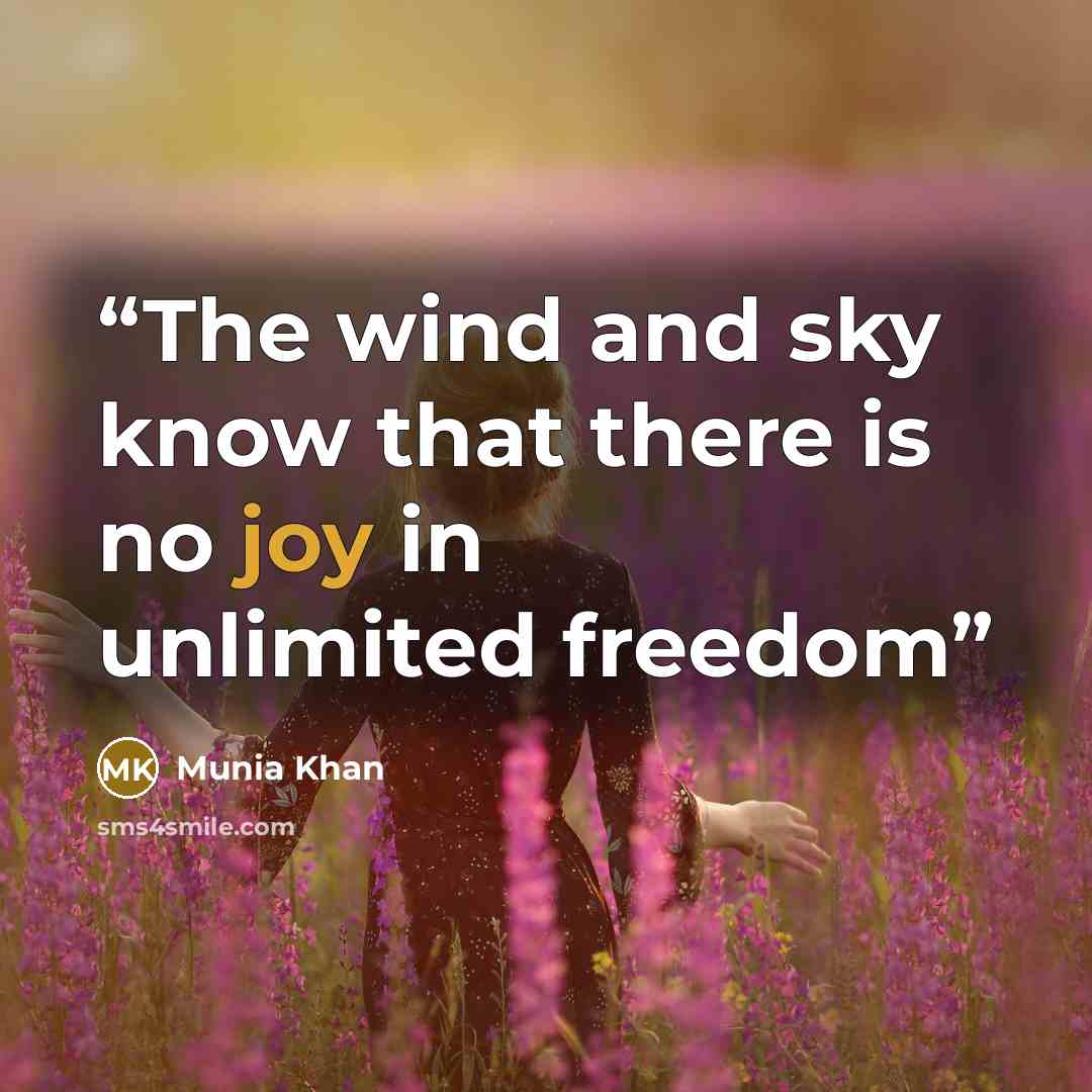 “The wind and sky know that there is no joy in unlimited freedom” quote by Munia Khan