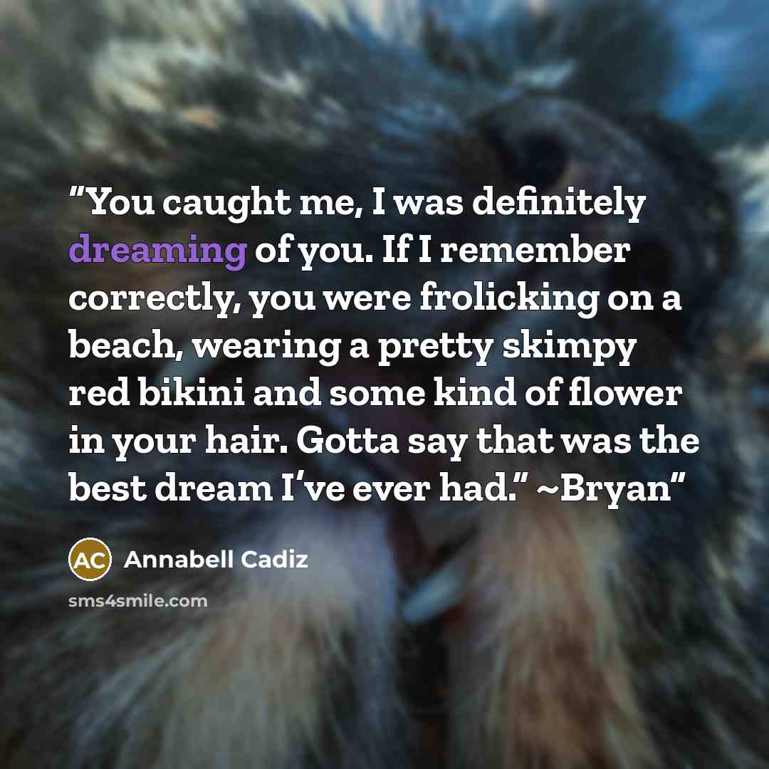 “You caught me, I was definitely dreaming of you. If I remember correctly, you were frolicking on a beach, wearing a pretty skimpy red bikini and some kind of flower in your hair. Gotta say that was the best dream I’ve ever had.” ~Bryan” quote by Annabell Cadiz