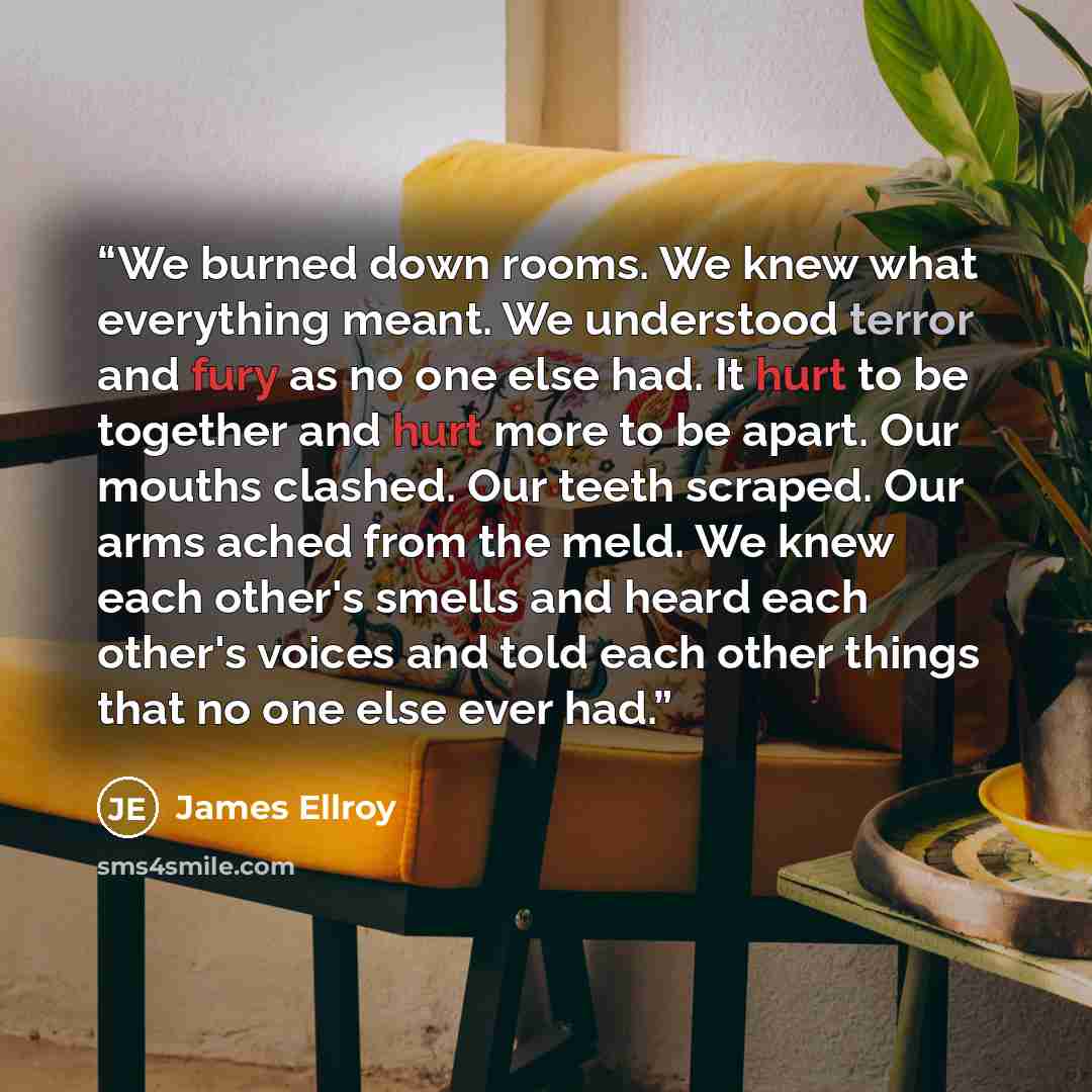 “We burned down rooms. We knew what everything meant. We understood terror and fury as no one else had. It hurt to be together and hurt more to be apart. Our mouths clashed. Our teeth scraped. Our arms ached from the meld. We knew each other's smells and heard each other's voices and told each…” quote by James Ellroy