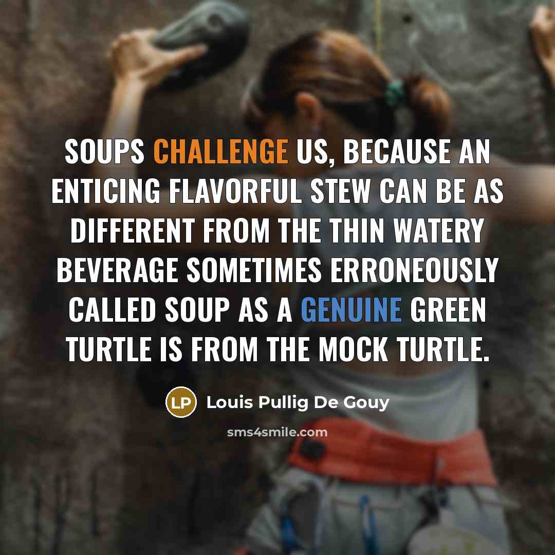 “Soups challenge us, because an enticing flavorful stew can be as different from the thin watery beverage sometimes erroneously called soup as a genuine green turtle is from the mock turtle.” quote by Louis Pullig De Gouy