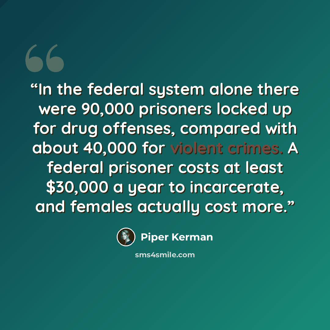 “In the federal system alone there were 90,000 prisoners locked up for drug offenses, compared with about 40,000 for violent crimes. A federal prisoner costs at least $30,000 a year to incarcerate, and females actually cost more.” quote by Piper Kerman