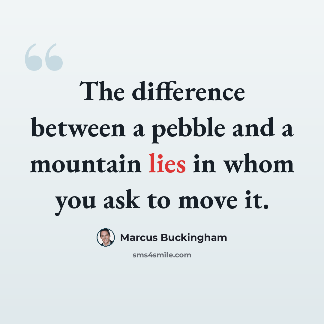 “The difference between a pebble and a mountain lies in whom you ask to move it.” quote by Marcus Buckingham