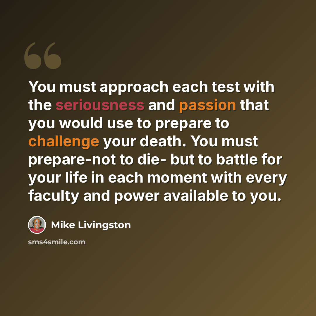 “You must approach each test with the seriousness and passion that you would use to prepare to challenge your death. You must prepare-not to die- but to battle for your life in each moment with every faculty and power available to you.” quote by Mike Livingston