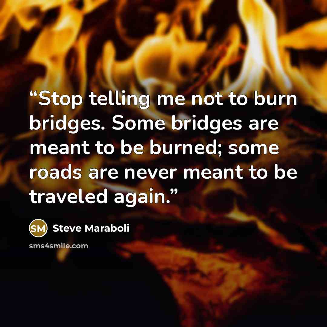 “Stop telling me not to burn bridges. Some bridges are meant to be burned; some roads are never meant to be traveled again.” quote by Steve Maraboli