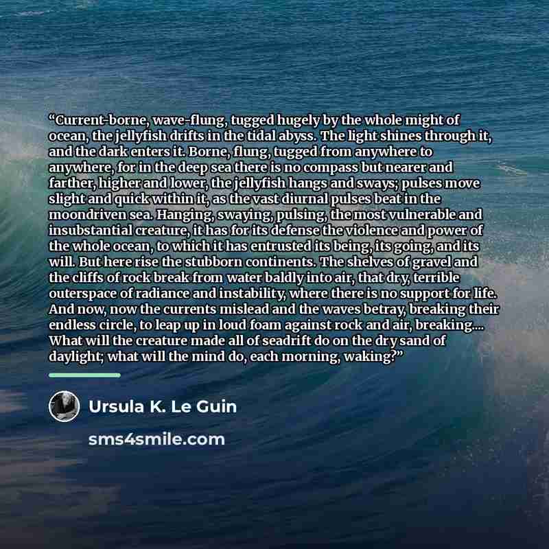 “Current-borne, wave-flung, tugged hugely by the whole might of ocean, the jellyfish drifts in the tidal abyss. The light shines through it, and the dark enters it. Borne, flung, tugged from anywhere to anywhere, for in the deep sea there is no compass but nearer and farther, higher and lower, the…” quote by Ursula K. Le Guin