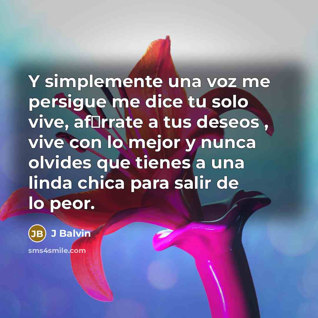“Y simplemente una voz me persigue me dice tu solo vive, af�rrate a tus deseos , vive con lo mejor y nunca olvides que tienes a una linda chica para salir de lo peor.” quote by J Balvin