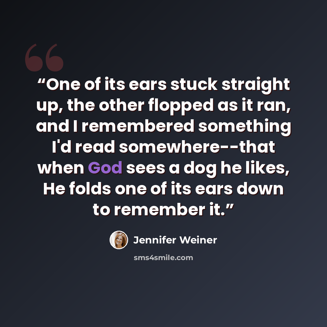 “One of its ears stuck straight up, the other flopped as it ran, and I remembered something I'd read somewhere--that when God sees a dog he likes, He folds one of its ears down to remember it.” quote by Jennifer Weiner