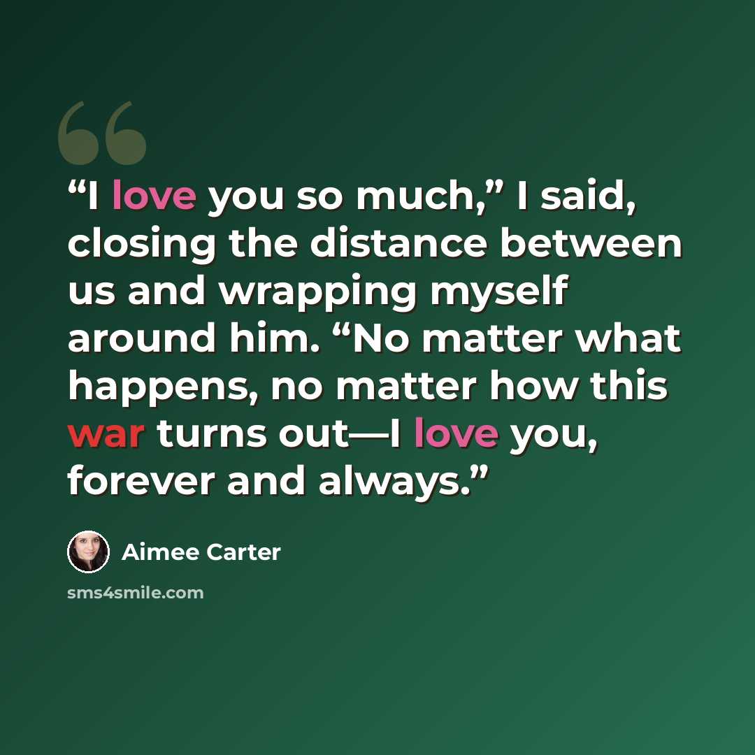 “I love you so much,” I said, closing the distance between us and wrapping myself around him. “No matter what happens, no matter how this war turns out—I love you, forever and always.” quote by Aimee Carter