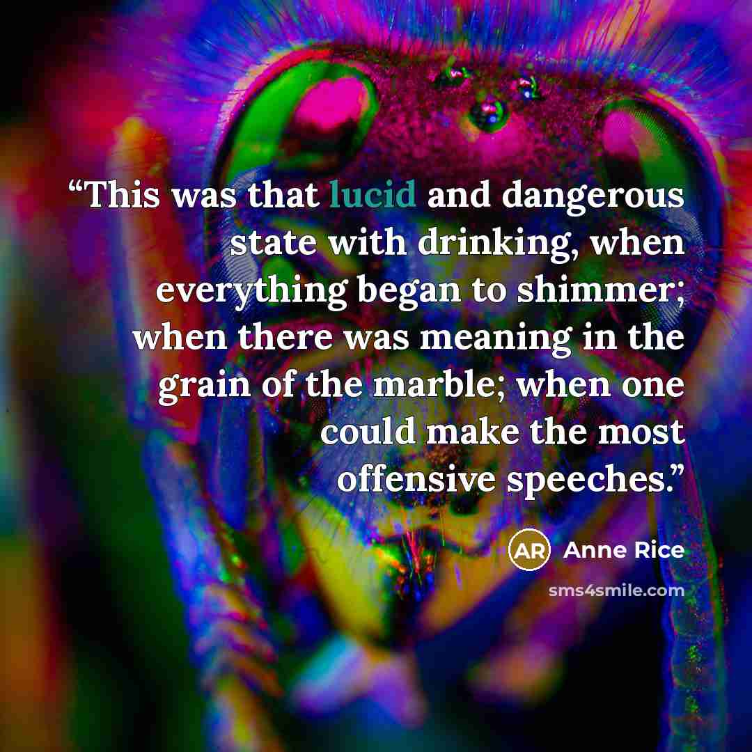 “This was that lucid and dangerous state with drinking, when everything began to shimmer; when there was meaning in the grain of the marble; when one could make the most offensive speeches.” quote by Anne Rice