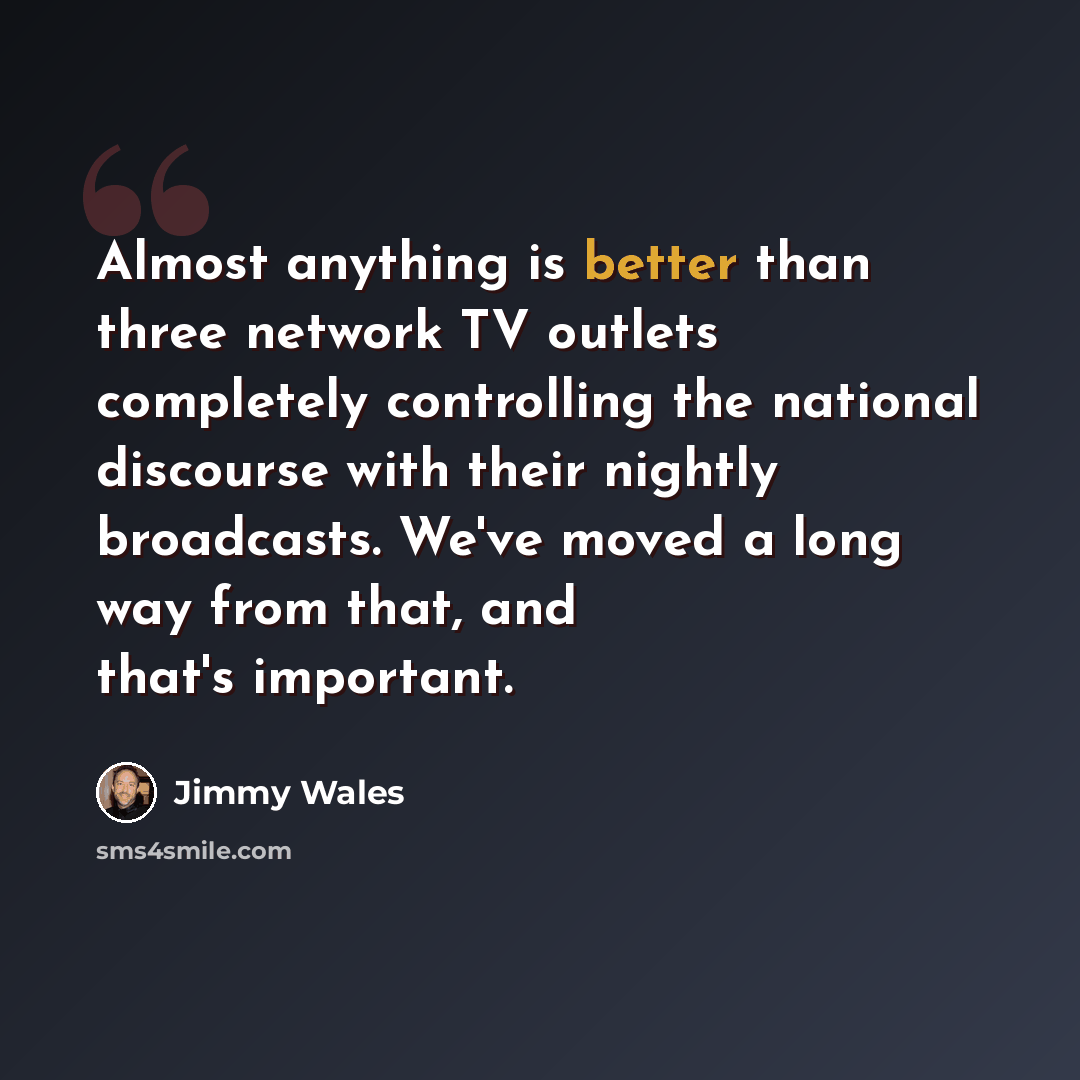 “Almost anything is better than three network TV outlets completely controlling the national discourse with their nightly broadcasts. We've moved a long way from that, and that's important.” quote by Jimmy Wales