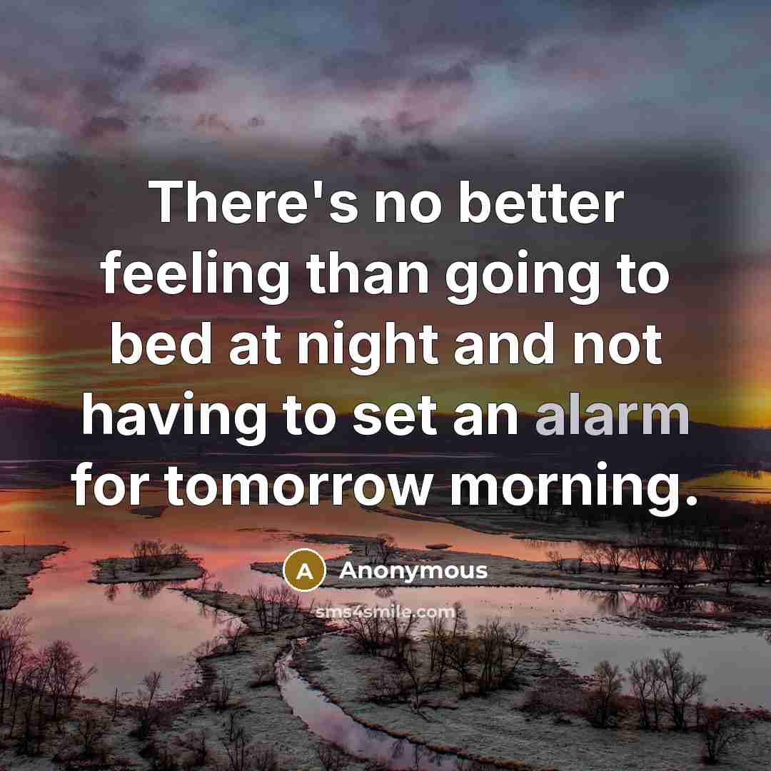 “There's no better feeling than going to bed at night and not having to set an alarm for tomorrow morning.” quote by Anonymous