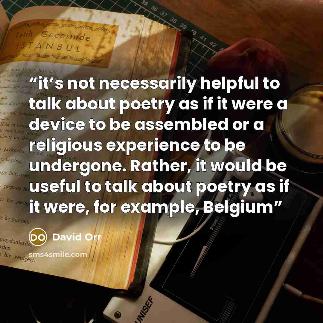 “it’s not necessarily helpful to talk about poetry as if it were a device to be assembled or a religious experience to be undergone. Rather, it would be useful to talk about poetry as if it were, for example, Belgium” quote by David Orr