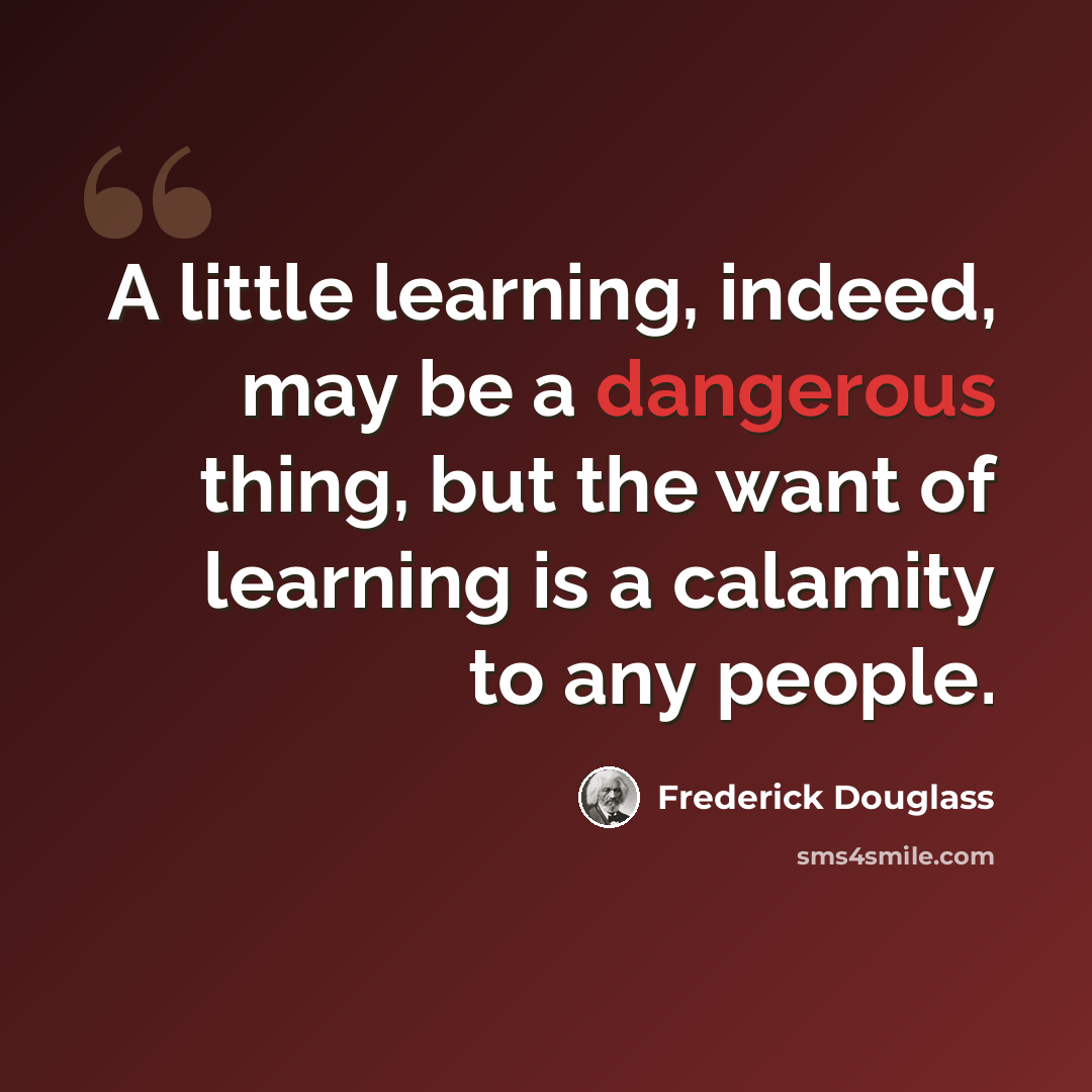 “A little learning, indeed, may be a dangerous thing, but the want of learning is a calamity to any people.” quote by Frederick Douglass
