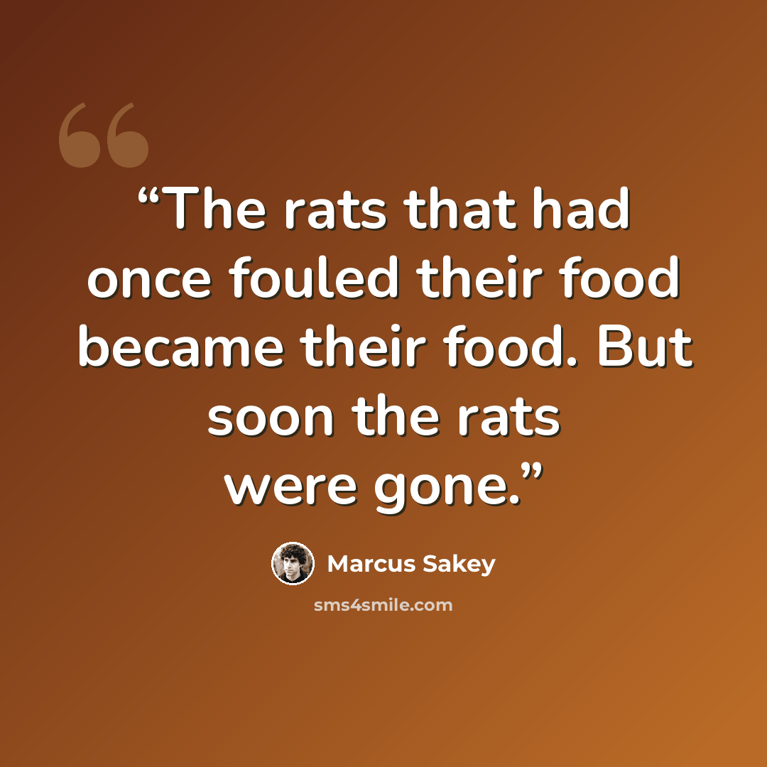 “The rats that had once fouled their food became their food. But soon the rats were gone.” quote by Marcus Sakey