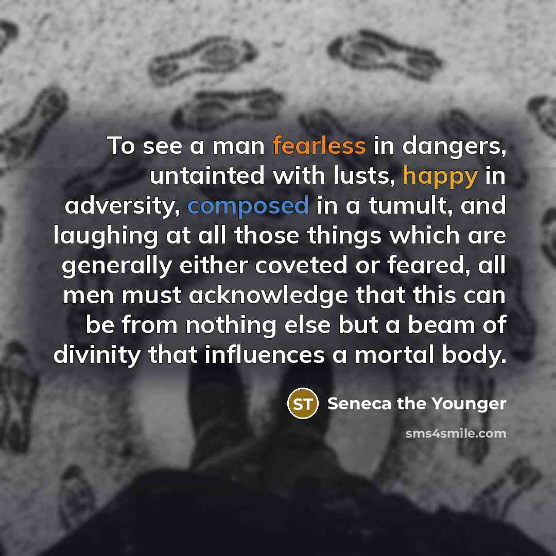 “To see a man fearless in dangers, untainted with lusts, happy in adversity, composed in a tumult, and laughing at all those things which are generally either coveted or feared, all men must acknowledge that this can be from nothing else but a beam of divinity that influences a mortal body.” quote by Seneca the Younger