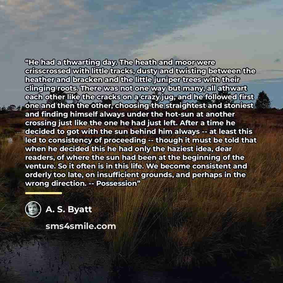 “He had a thwarting day. The heath and moor were crisscrossed with little tracks, dusty and twisting between the heather and bracken and the little juniper trees with their clinging roots. There was not one way but many, all athwart each other like the cracks on a crazy jug, and he followed first…” quote by A. S. Byatt