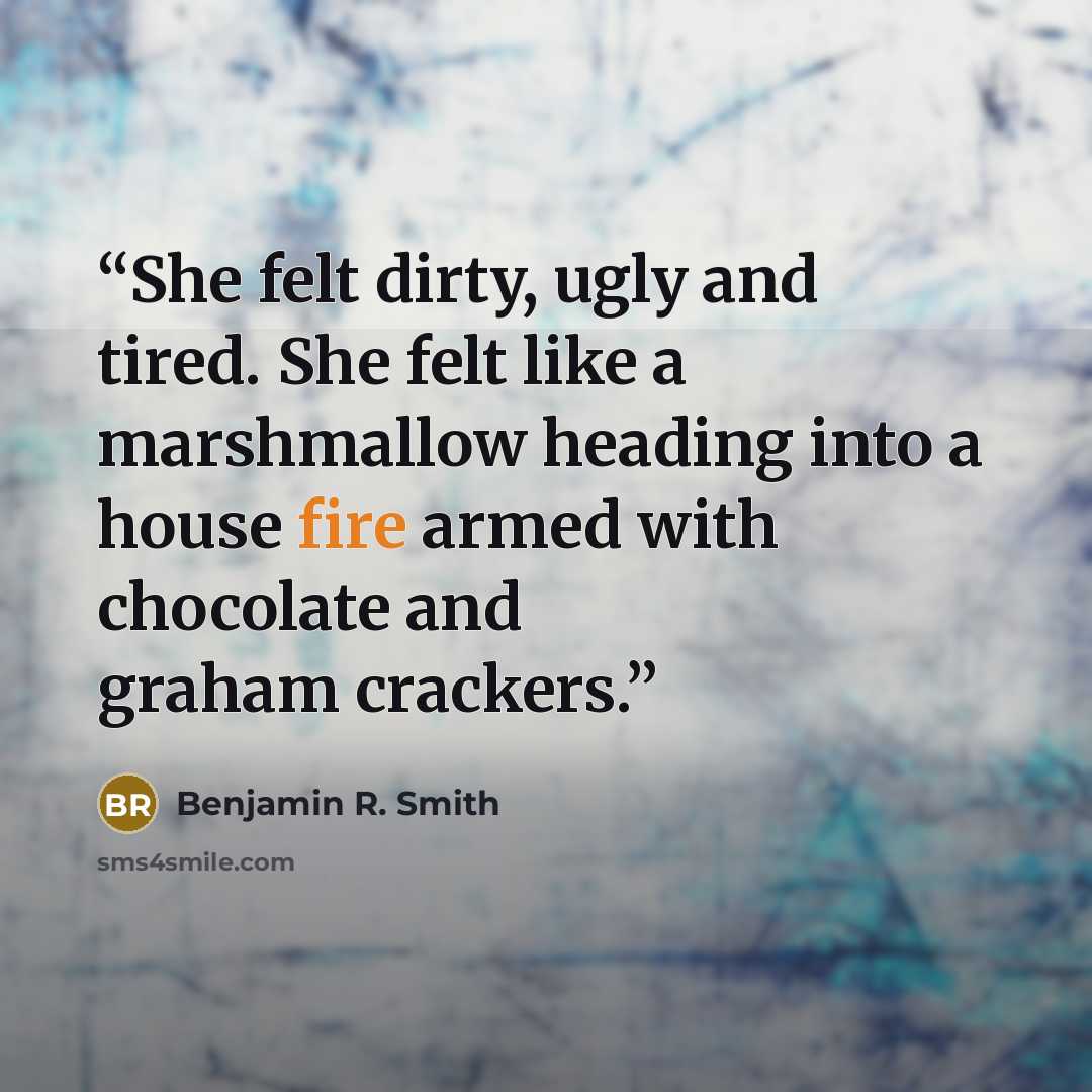 “She felt dirty, ugly and tired. She felt like a marshmallow heading into a house fire armed with chocolate and graham crackers.” quote by Benjamin R. Smith
