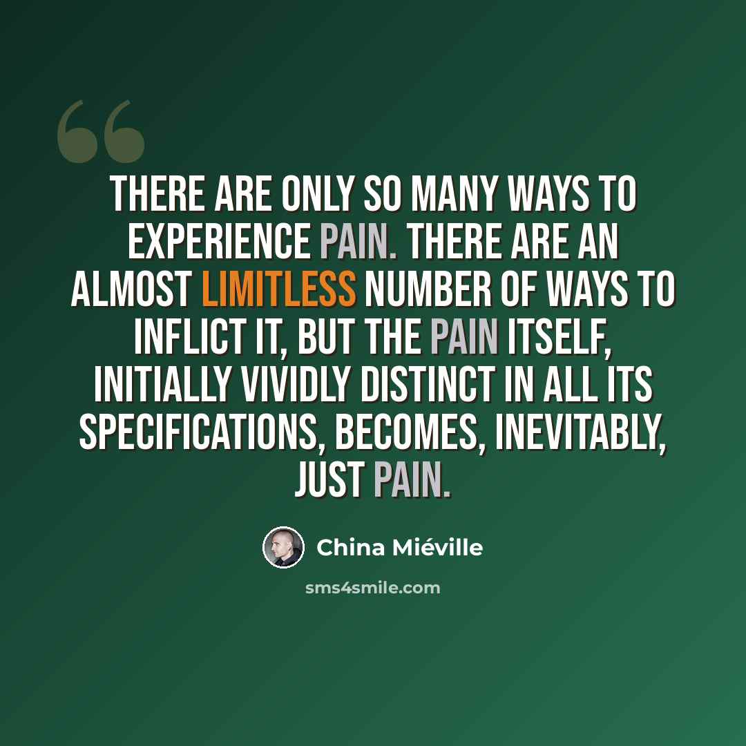 “There are only so many ways to experience pain. There are an almost limitless number of ways to inflict it, but the pain itself, initially vividly distinct in all its specifications, becomes, inevitably, just pain.” quote by China Mieville