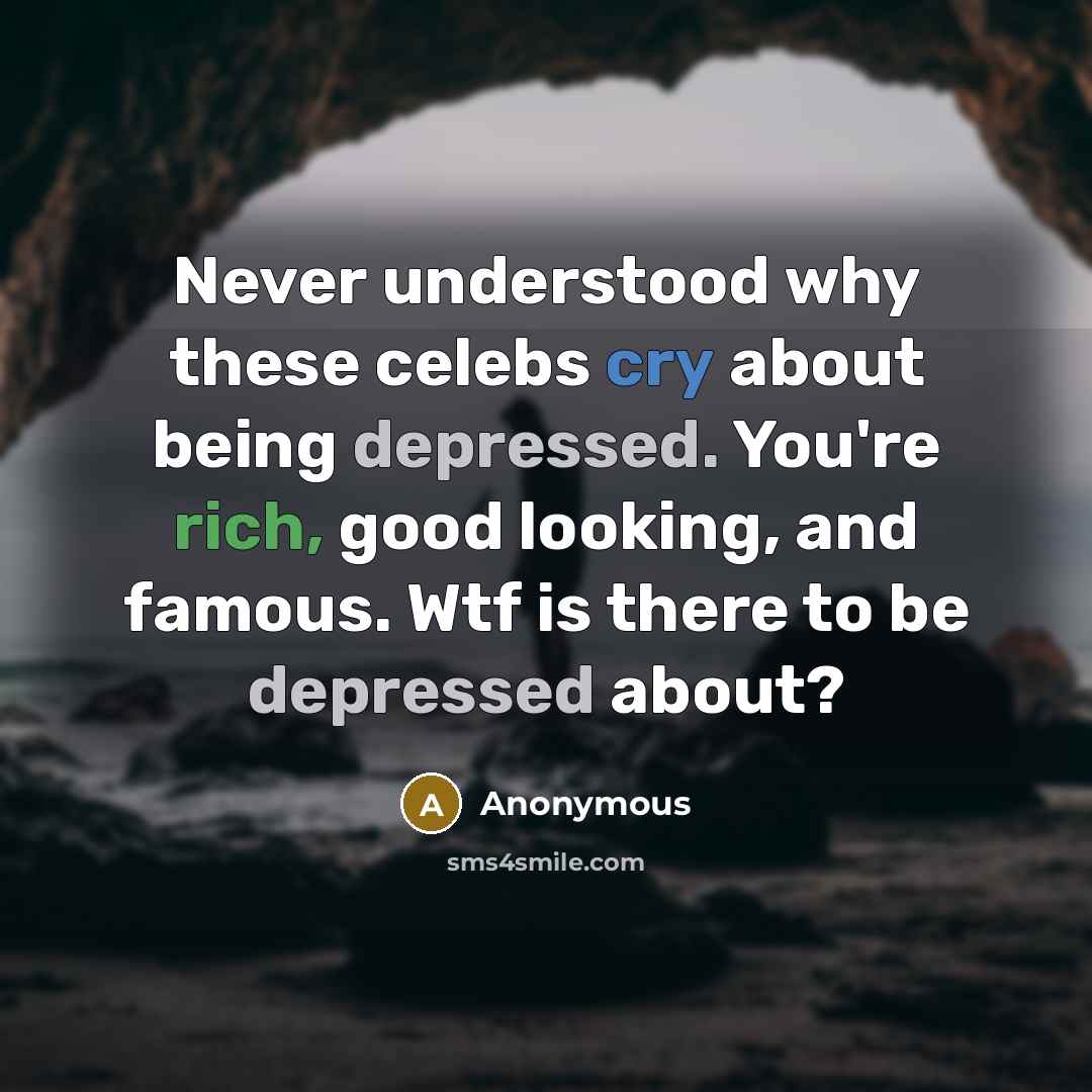 “Never understood why these celebs cry about being depressed. You're rich, good looking, and famous. Wtf is there to be depressed about?” quote by Anonymous