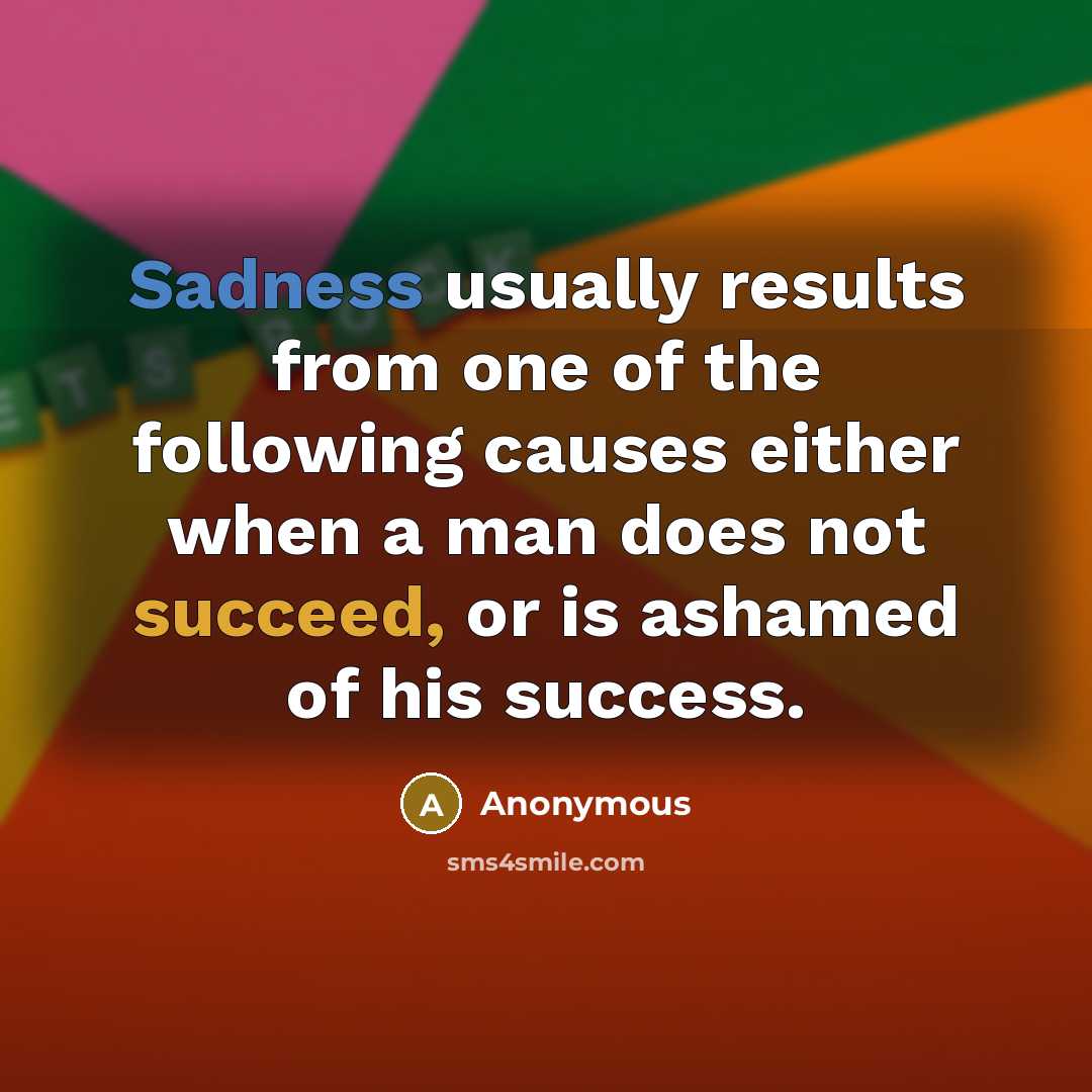 “Sadness usually results from one of the following causes either when a man does not succeed, or is ashamed of his success.” quote by Anonymous