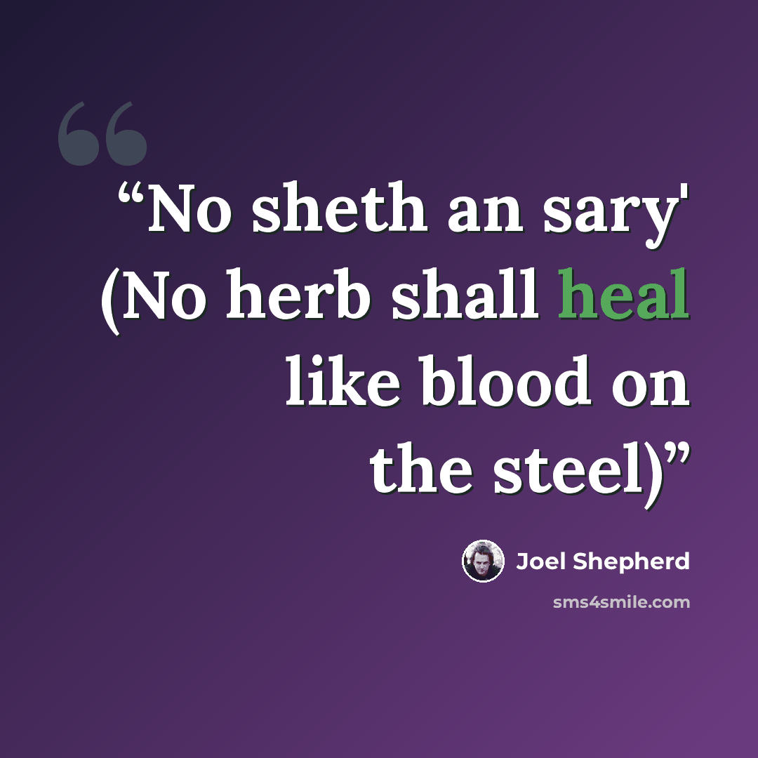 “No sheth an sary' (No herb shall heal like blood on the steel)” quote by Joel Shepherd