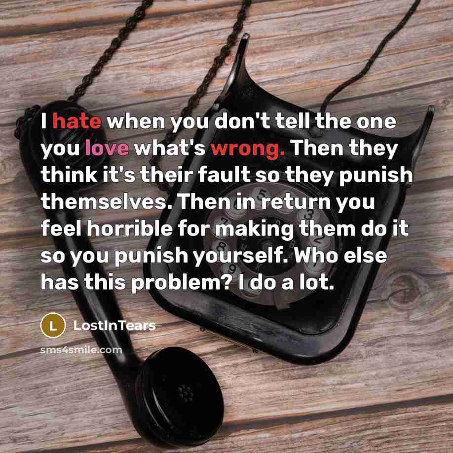 “I hate when you don't tell the one you love what's wrong. Then they think it's their fault so they punish themselves. Then in return you feel horrible for making them do it so you punish yourself. Who else has this problem? I do a lot.” quote by LostInTears