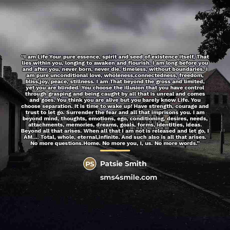 “I am Life Your pure essence, spirit and seed of existence itself, That lies within you, longing to awaken and flourish. I am long before you and after you, never born, never die, timeless, without boundaries. I am pure unconditional love, wholeness,connectedness, freedom, bliss,joy, peace…” quote by Patsie Smith