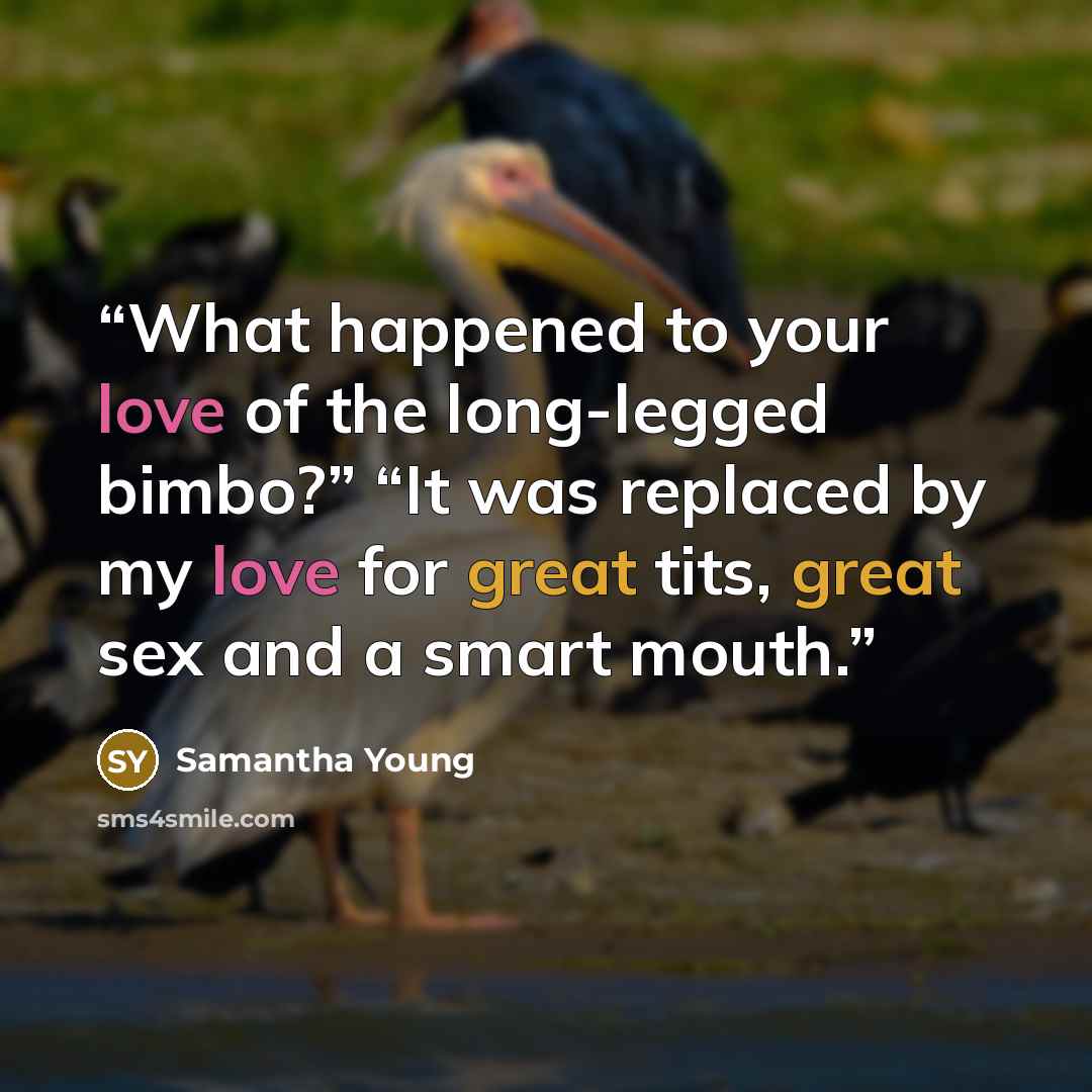 “What happened to your love of the long-legged bimbo?” “It was replaced by my love for great tits, great sex and a smart mouth.” quote by Samantha Young