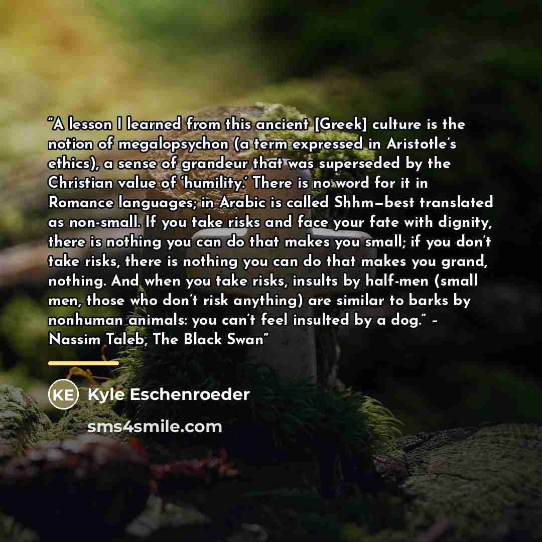 “A lesson I learned from this ancient [Greek] culture is the notion of megalopsychon (a term expressed in Aristotle’s ethics), a sense of grandeur that was superseded by the Christian value of ‘humility.’ There is no word for it in Romance languages; in Arabic is called Shhm—best translated as…” quote by Kyle Eschenroeder