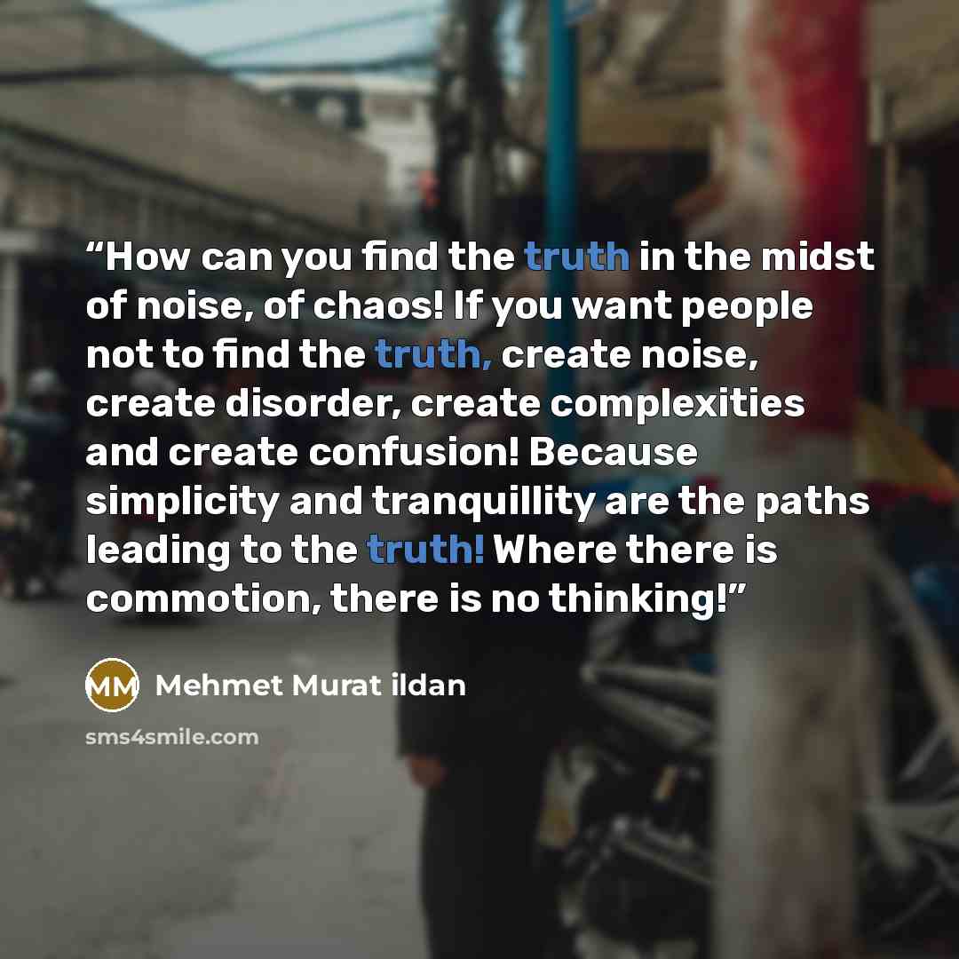 “How can you find the truth in the midst of noise, of chaos! If you want people not to find the truth, create noise, create disorder, create complexities and create confusion! Because simplicity and tranquillity are the paths leading to the truth! Where there is commotion, there is no thinking!” quote by Mehmet Murat ildan