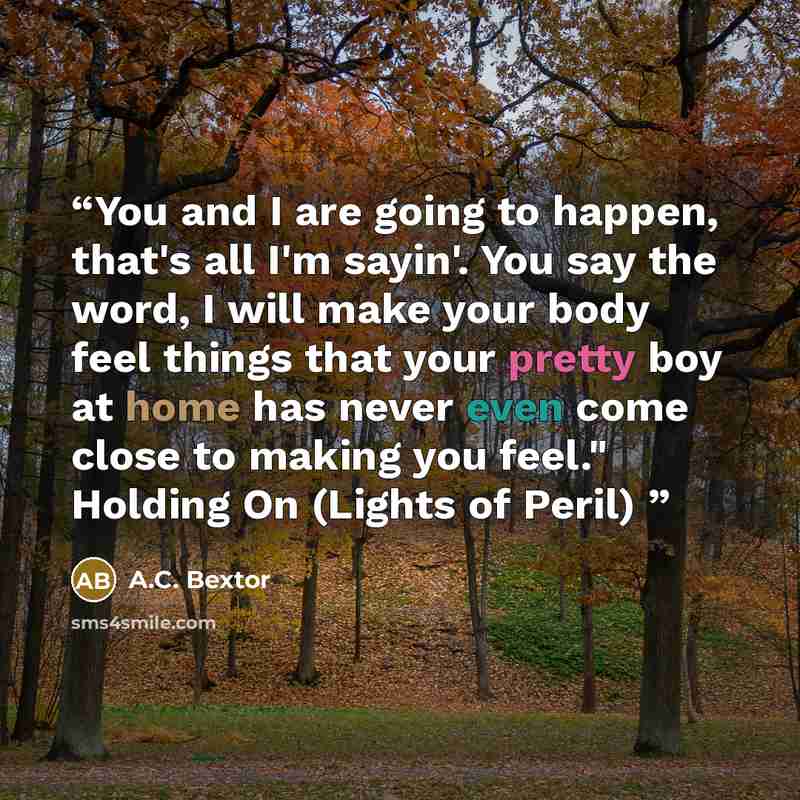 “You and I are going to happen, that's all I'm sayin'. You say the word, I will make your body feel things that your pretty boy at home has never even come close to making you feel." Holding On (Lights of Peril)” quote by A.C. Bextor