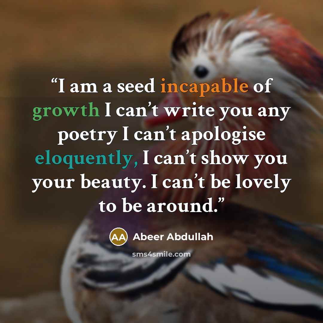 “I am a seed incapable of growth I can’t write you any poetry I can’t apologise eloquently, I can’t show you your beauty. I can’t be lovely to be around.” quote by Abeer Abdullah