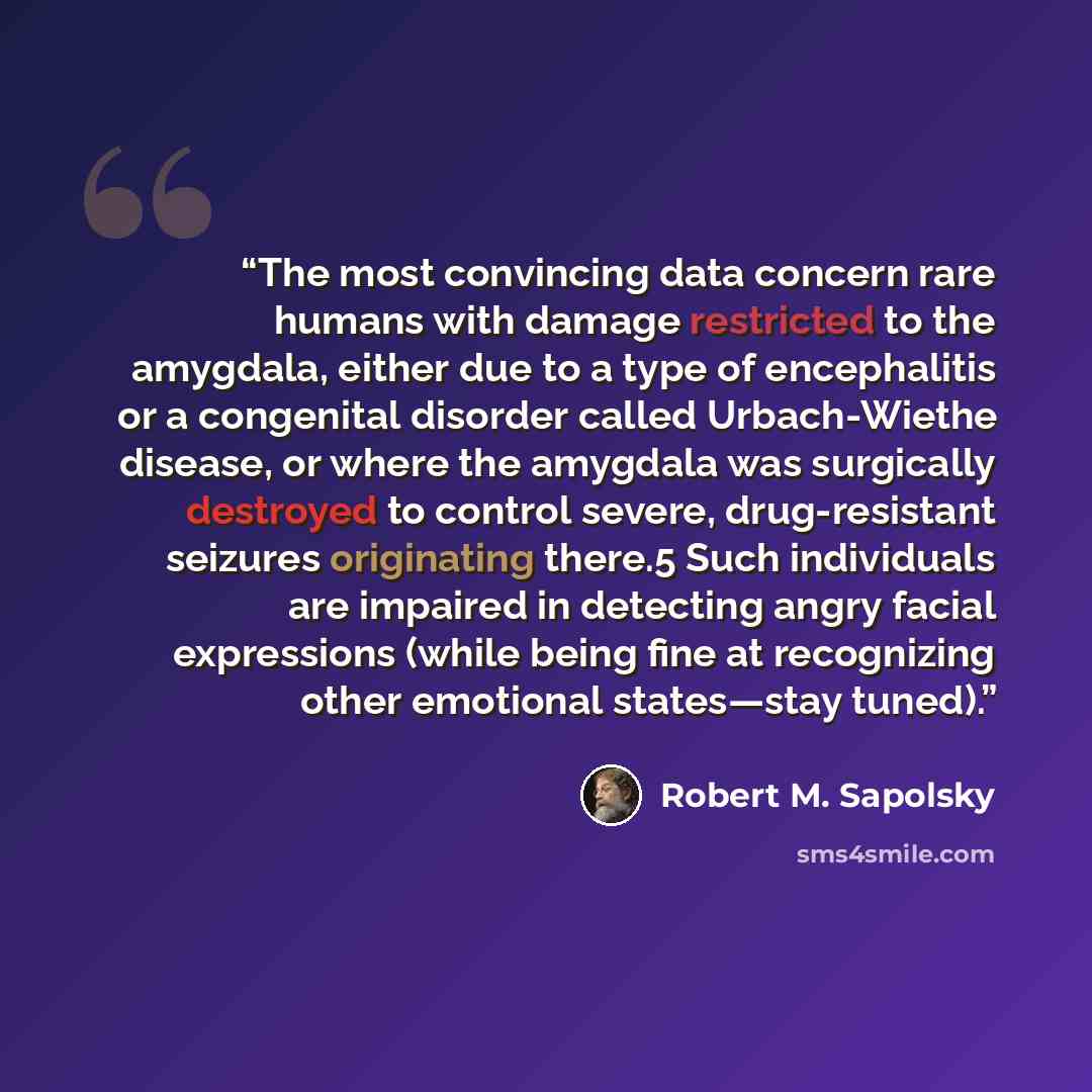 “The most convincing data concern rare humans with damage restricted to the amygdala, either due to a type of encephalitis or a congenital disorder called Urbach-Wiethe disease, or where the amygdala was surgically destroyed to control severe, drug-resistant seizures originating there.5 Such…” quote by Robert M. Sapolsky