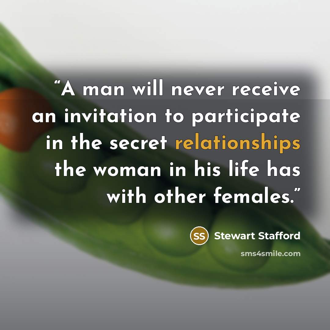 “A man will never receive an invitation to participate in the secret relationships the woman in his life has with other females.” quote by Stewart Stafford