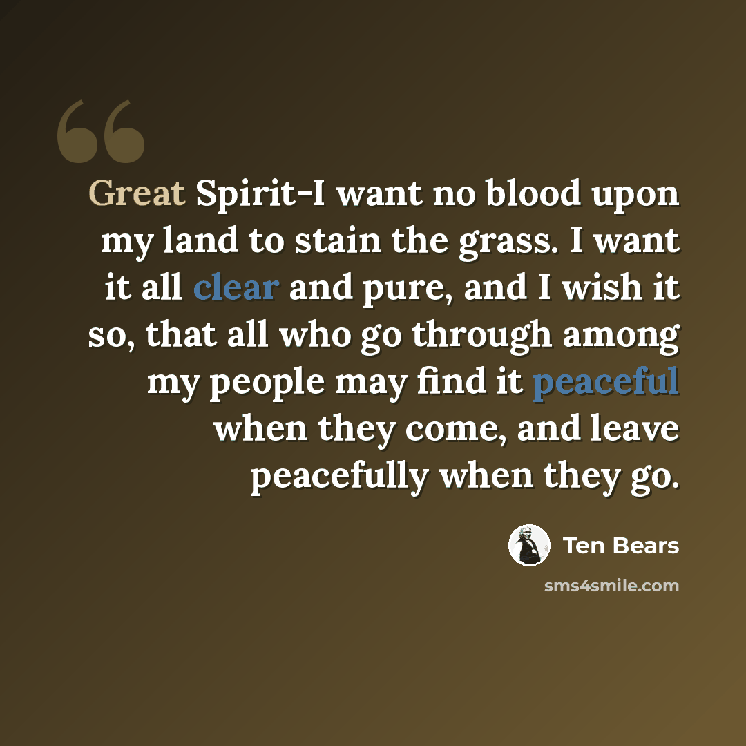 “Great Spirit-I want no blood upon my land to stain the grass. I want it all clear and pure, and I wish it so, that all who go through among my people may find it peaceful when they come, and leave peacefully when they go.” quote by Ten Bears