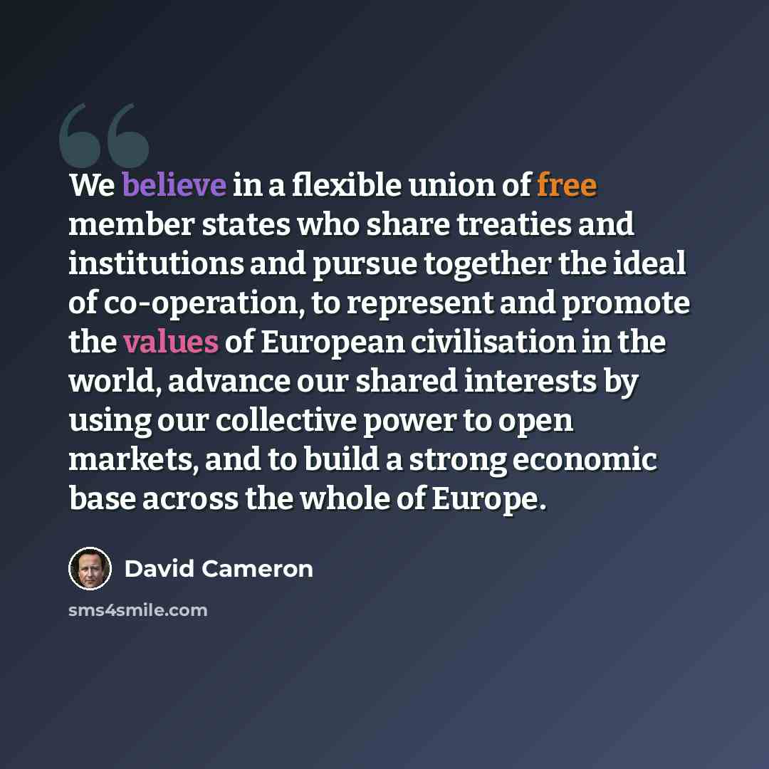 “We believe in a flexible union of free member states who share treaties and institutions and pursue together the ideal of co-operation, to represent and promote the values of European civilisation in the world, advance our shared interests by using our collective power to open markets, and to…” quote by David Cameron