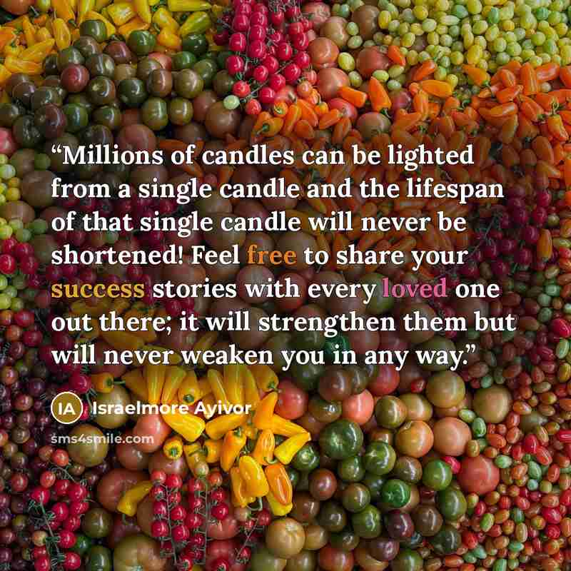 “Millions of candles can be lighted from a single candle and the lifespan of that single candle will never be shortened! Feel free to share your success stories with every loved one out there; it will strengthen them but will never weaken you in any way.” quote by Israelmore Ayivor