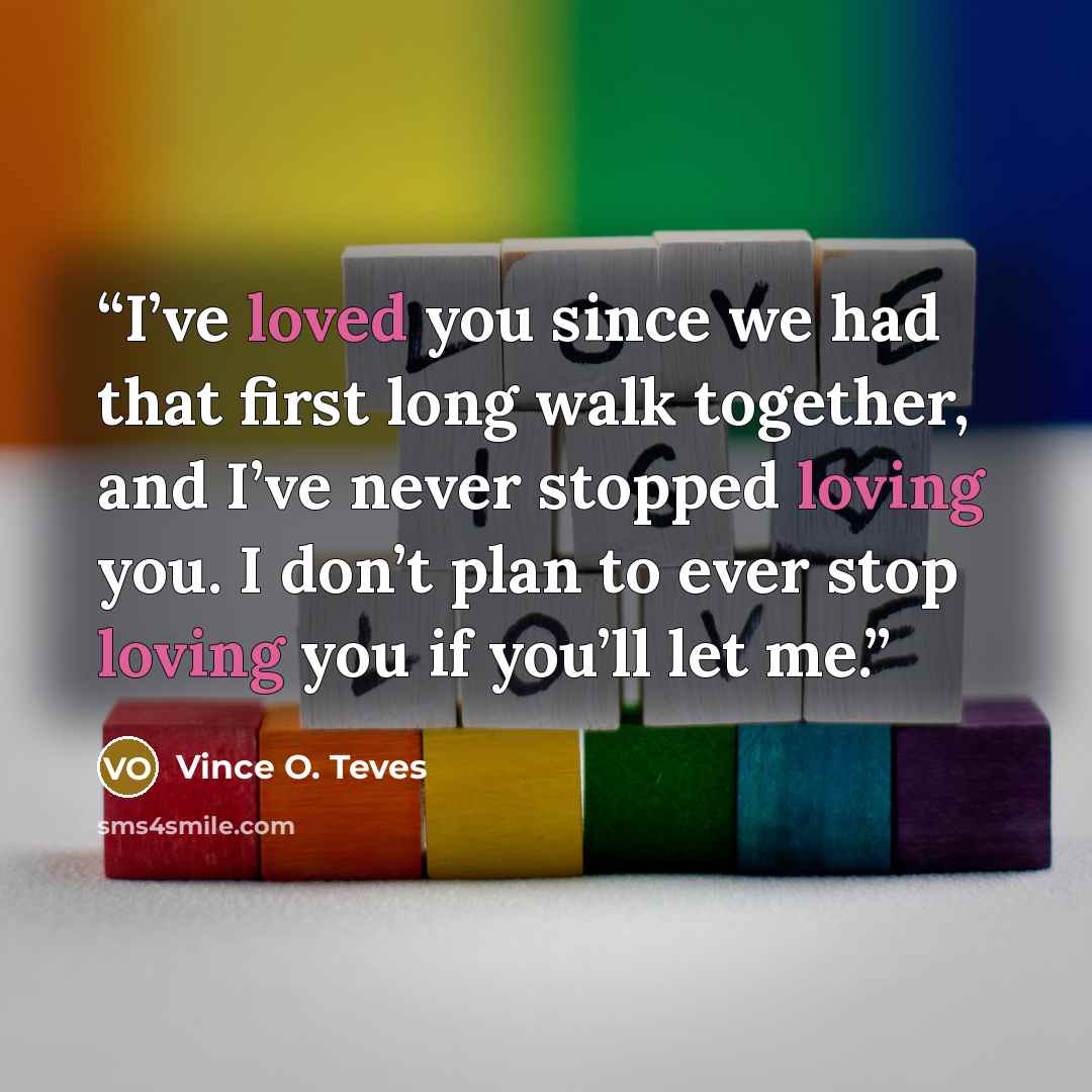 “I’ve loved you since we had that first long walk together, and I’ve never stopped loving you. I don’t plan to ever stop loving you if you’ll let me.” quote by Vince O. Teves