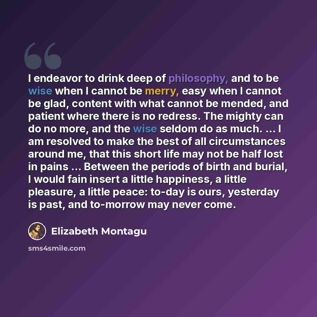 “I endeavor to drink deep of philosophy, and to be wise when I cannot be merry, easy when I cannot be glad, content with what cannot be mended, and patient where there is no redress. The mighty can do no more, and the wise seldom do as much. ... I am resolved to make the best of all circumstances…” quote by Elizabeth Montagu
