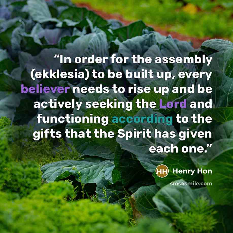 “In order for the assembly (ekklesia) to be built up, every believer needs to rise up and be actively seeking the Lord and functioning according to the gifts that the Spirit has given each one.” quote by Henry Hon