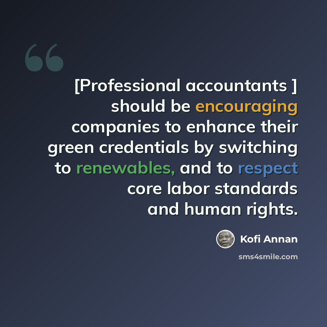 “[Professional accountants ] should be encouraging companies to enhance their green credentials by switching to renewables, and to respect core labor standards and human rights.” quote by Kofi Annan