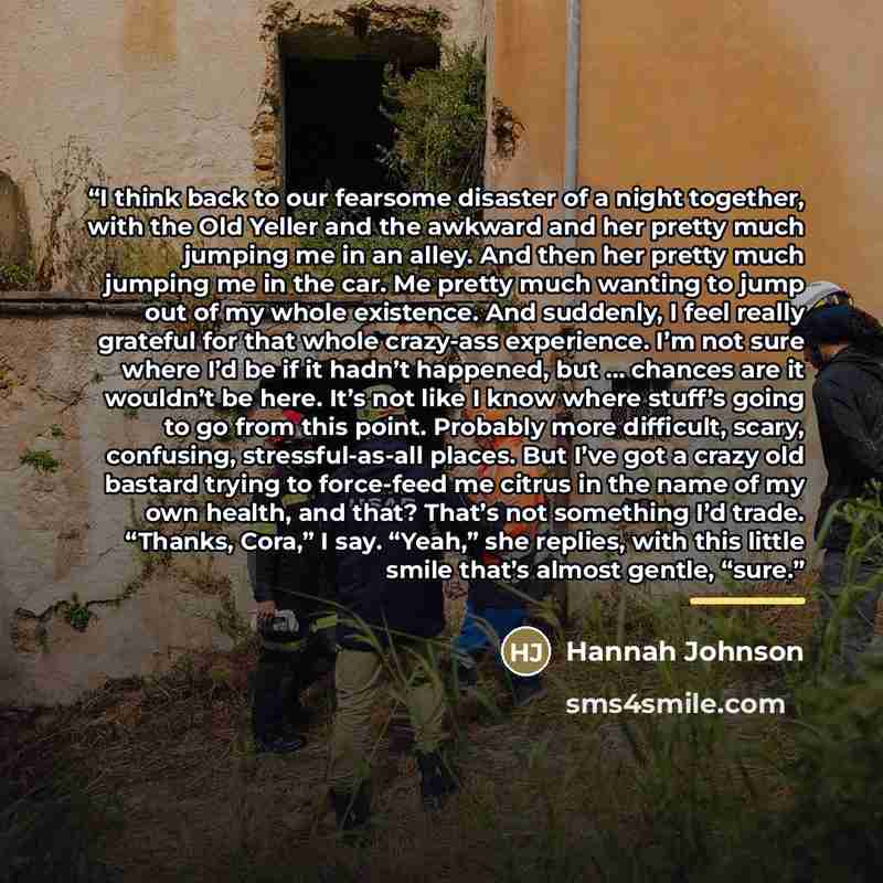 “I think back to our fearsome disaster of a night together, with the Old Yeller and the awkward and her pretty much jumping me in an alley. And then her pretty much jumping me in the car. Me pretty much wanting to jump out of my whole existence. And suddenly, I feel really grateful for that whole…” quote by Hannah Johnson
