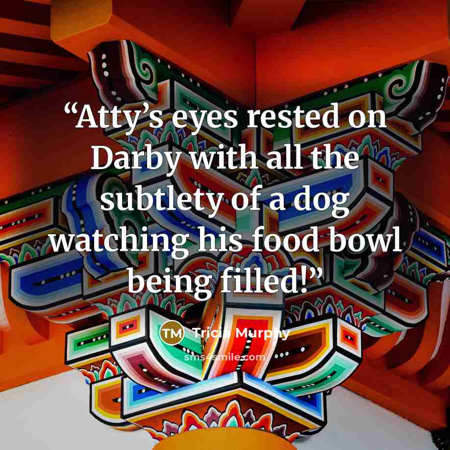“Atty’s eyes rested on Darby with all the subtlety of a dog watching his food bowl being filled!” quote by Tricia Murphy