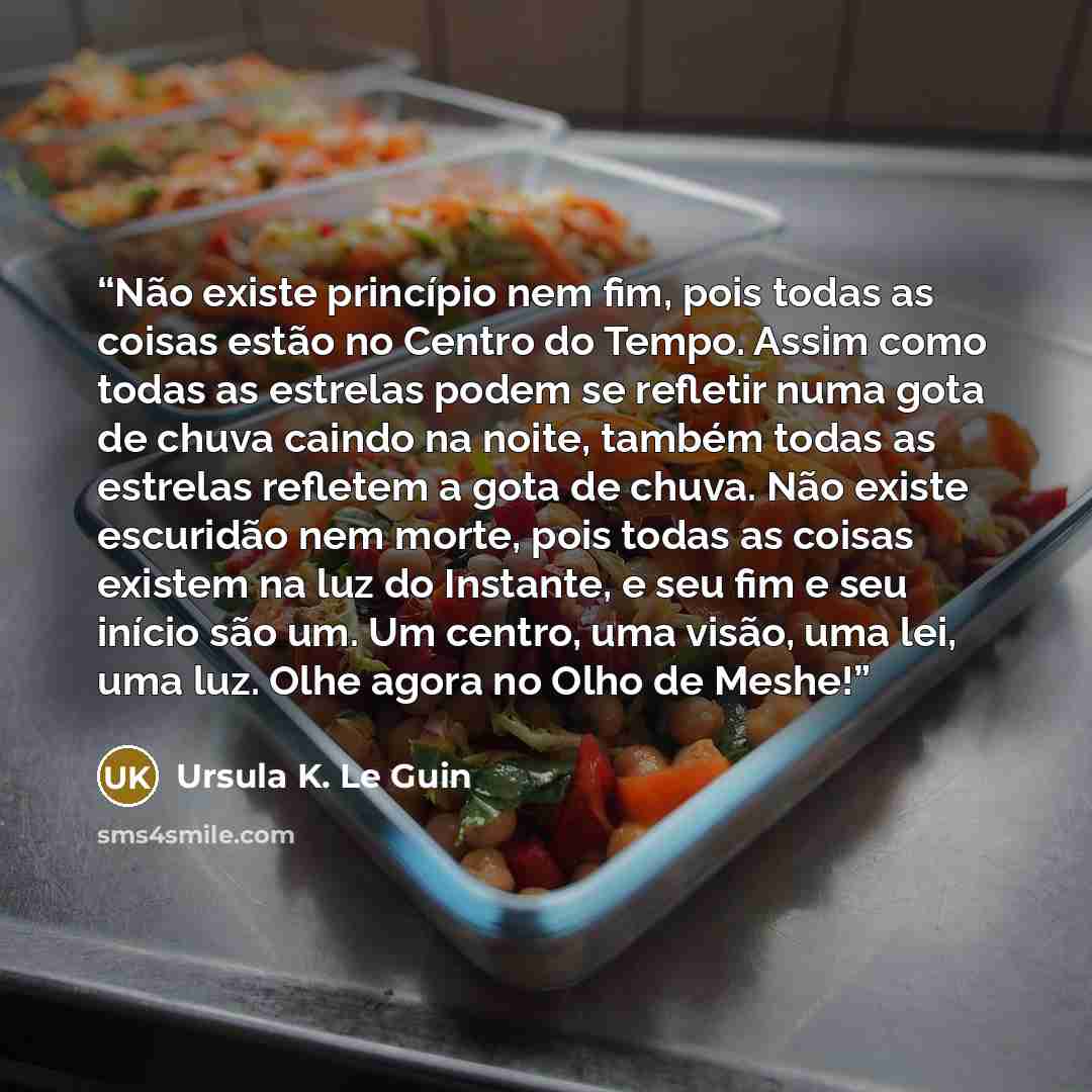 “Não existe princípio nem fim, pois todas as coisas estão no Centro do Tempo. Assim como todas as estrelas podem se refletir numa gota de chuva caindo na noite, também todas as estrelas refletem a gota de chuva. Não existe escuridão nem morte, pois todas as coisas existem na luz do Instante, e seu…” quote by Ursula K. Le Guin