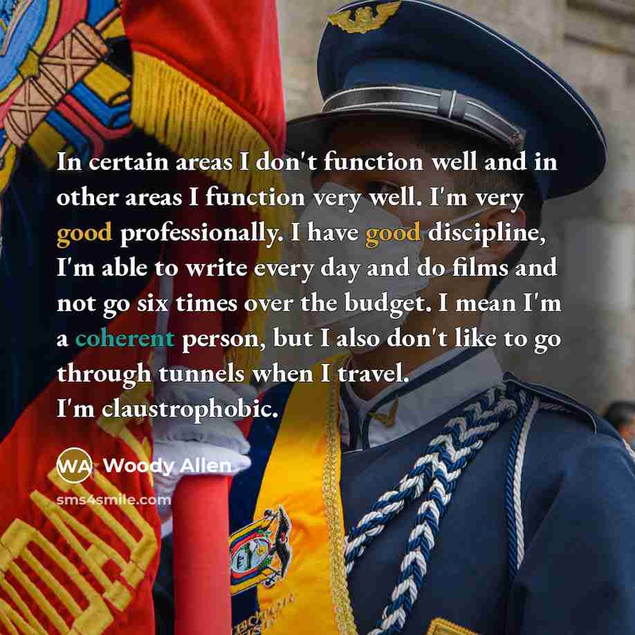 “In certain areas I don't function well and in other areas I function very well. I'm very good professionally. I have good discipline, I'm able to write every day and do films and not go six times over the budget. I mean I'm a coherent person, but I also don't like to go through tunnels when I…” quote by Woody Allen