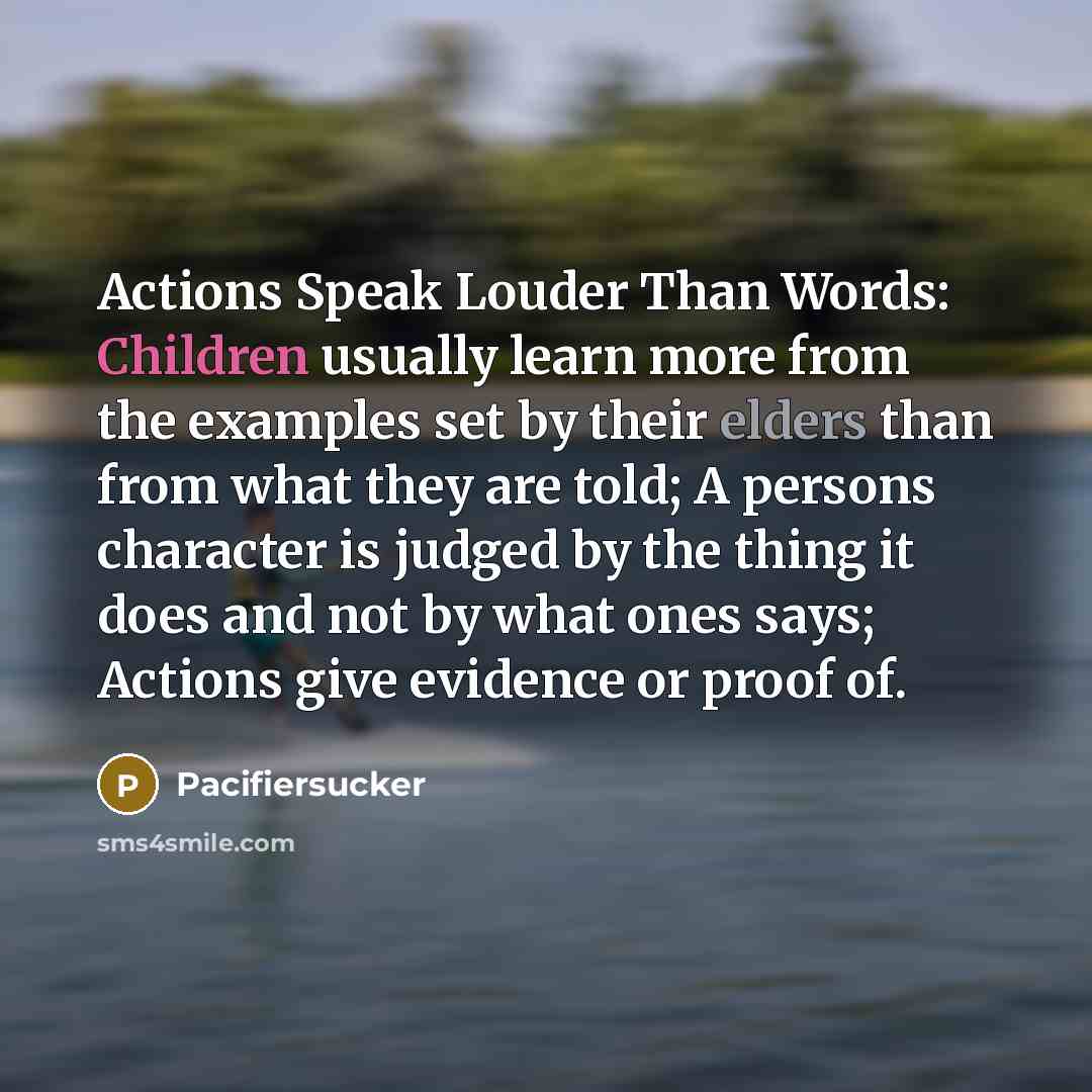 “Actions Speak Louder Than Words: Children usually learn more from the examples set by their elders than from what they are told; A persons character is judged by the thing it does and not by what ones says; Actions give evidence or proof of.” quote by Pacifiersucker