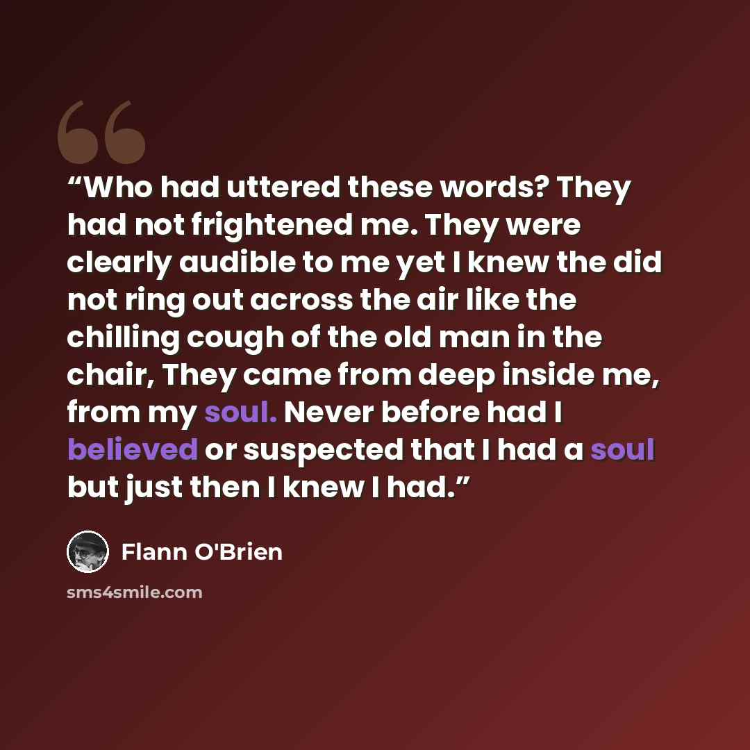 “Who had uttered these words? They had not frightened me. They were clearly audible to me yet I knew the did not ring out across the air like the chilling cough of the old man in the chair, They came from deep inside me, from my soul. Never before had I believed or suspected that I had a soul but…” quote by Flann O'Brien