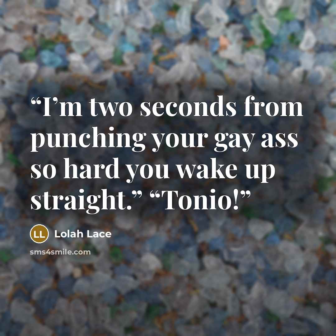 “I’m two seconds from punching your gay ass so hard you wake up straight.” “Tonio!” quote by Lolah Lace
